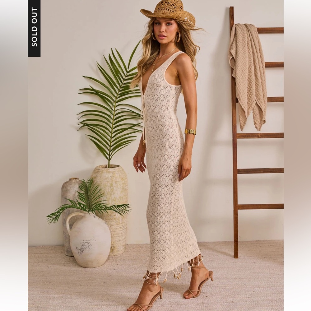Vici Cream Crochet Knit Swim Coverup Dress - Picture 2 of 11